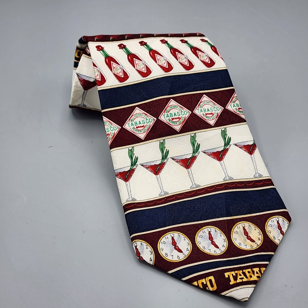Vintage USA Made 100% Silk Men's Neck Tie Tabasco Hot Sauce AOP Peppers
